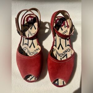 FLY London RARE Women's Red leather PeepToe With Leather Ankle-Strap. Low wedge.